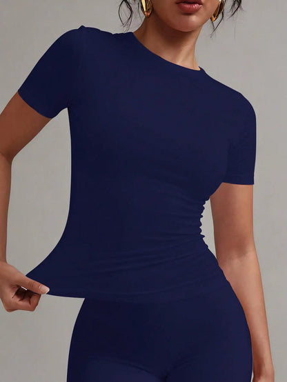 Women's White Solid Round Neck Short Sleeve Fitted T-Shirt for Summer Casual Wear