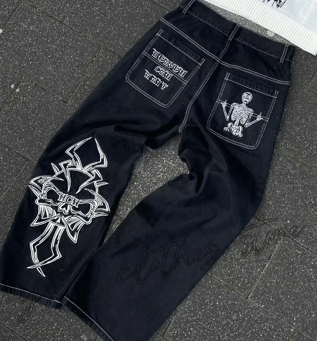 Street Fashion Trend Skull Embroidered Jeans Women Straight Wide-leg Pants Couple Casual Jeans