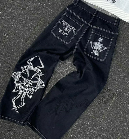 Street Fashion Trend Skull Embroidered Jeans Women Straight Wide-leg Pants Couple Casual Jeans