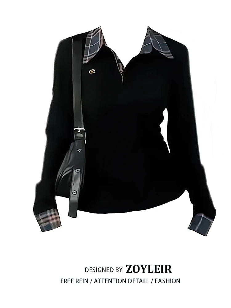 Preppy Polo Neck Plaid Long sleeve T shirt Women Fake Two-piece Basic Top V neck Button Blouses Tees Embroidery High-quality