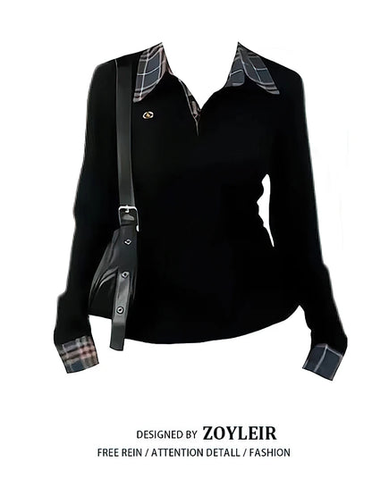 Preppy Polo Neck Plaid Long sleeve T shirt Women Fake Two-piece Basic Top V neck Button Blouses Tees Embroidery High-quality