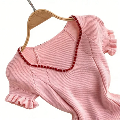 Women's Pink Short Sleeve Ruffle Trim V-Neck Sundress Trim Stretchy Ribbed Knit Bodycon Mini Dress Casual Party Clubwear Dress