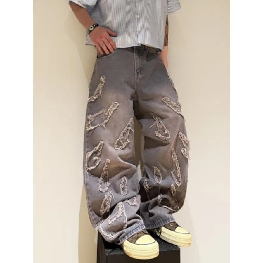 Men's Baggy Jeans Patchwork Embroidery Jeans Fringe Frayed Edges Wide Leg Denim Pants