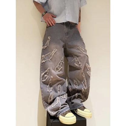 Men's Baggy Jeans Patchwork Embroidery Jeans Fringe Frayed Edges Wide Leg Denim Pants