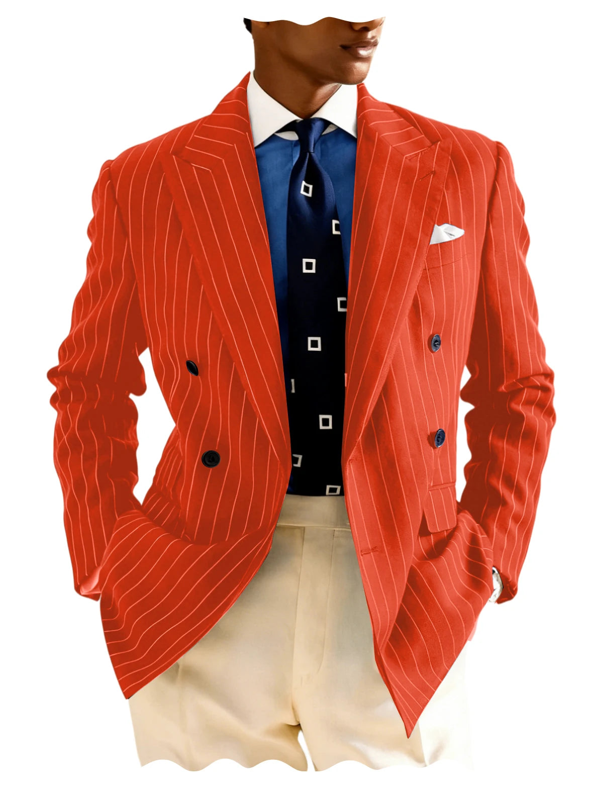 Men's Pinstripe Double Breasted Blazer Classic Peak Lapel Slim Fit Striped Suit Jacket For Party Prom Business Formal Coats