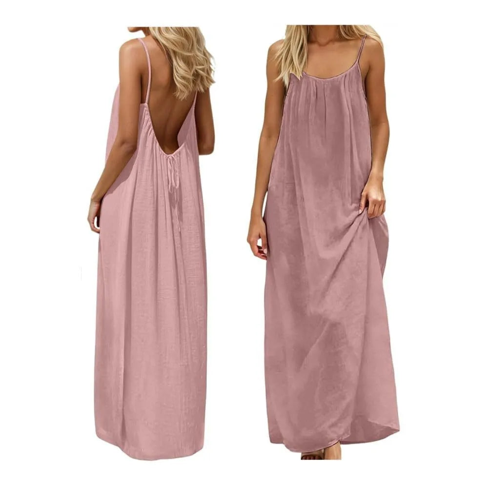 Women's 2026 Summer Ice Silk Crepe Maxi Dress, Solid Color Backless Ruched Spaghetti Strap Casual Long Dress for Beach Vacation