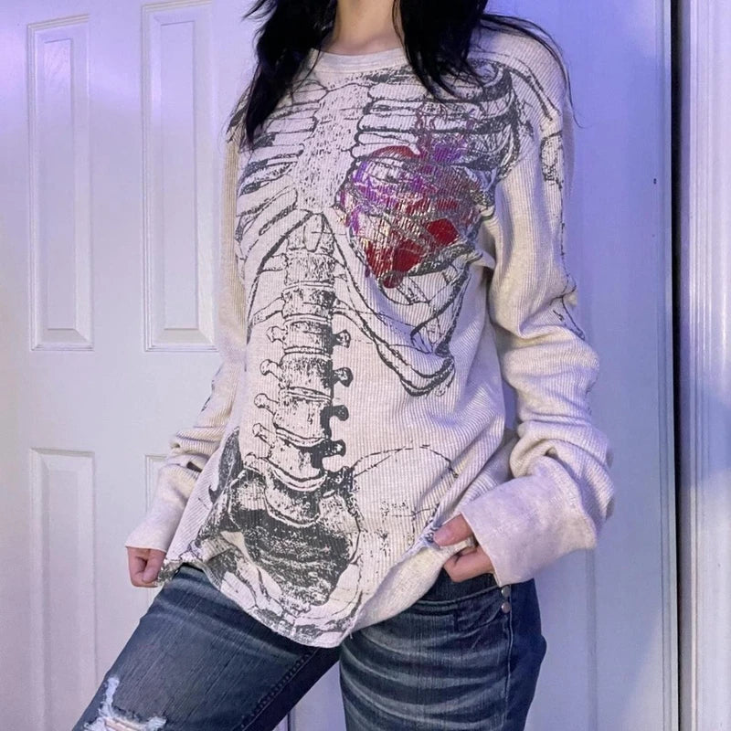 Maemukilabe 00s Retro Y2k Women Tops Harajuku Gothic Skeleton Graphic Printed T shirt Hip Hop Tee Shirt Aesthetic Streetwear
