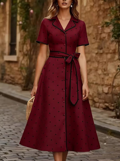 Vintage French Style Polka Dot V Neck Summer Dress Slim Waist Tie Belt Midi A-Line Flared Casual Outfit