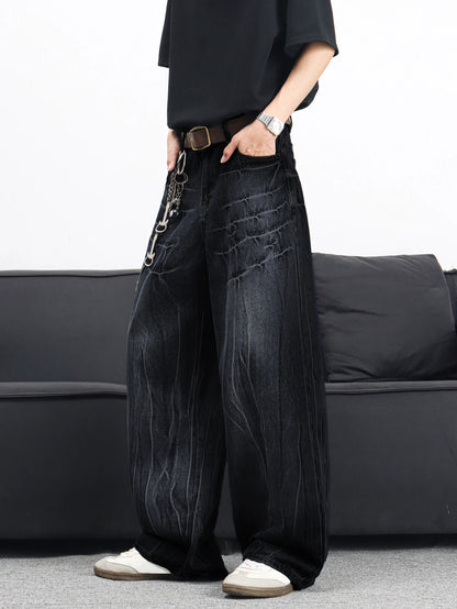 UP.THE Men Black Gradient Cracked Wash Baggy Wide Leg Jeans, Y2K Oversized Loose Distressed Denim Pants, Grunge Streetwear Trousers for Daily Outfits