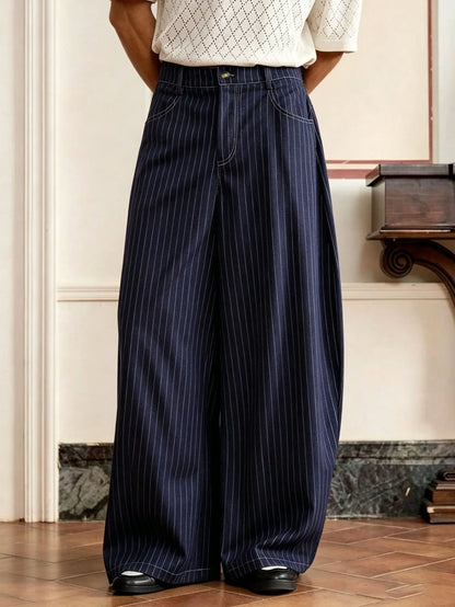 Men Navy Pinstripe Wide Barrel Baggy Pants Stretch Wrinkle Free Oversized Loose Banana Trousers Business Street Chinos