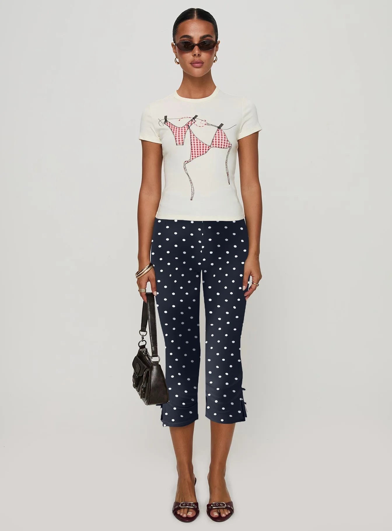 ONE TO WAN Women's Y2K Cute Capri Pants Solid Color Satin Bow Decor Side Split Summer Slim CroppedTrousers Stretch Crop Leggings