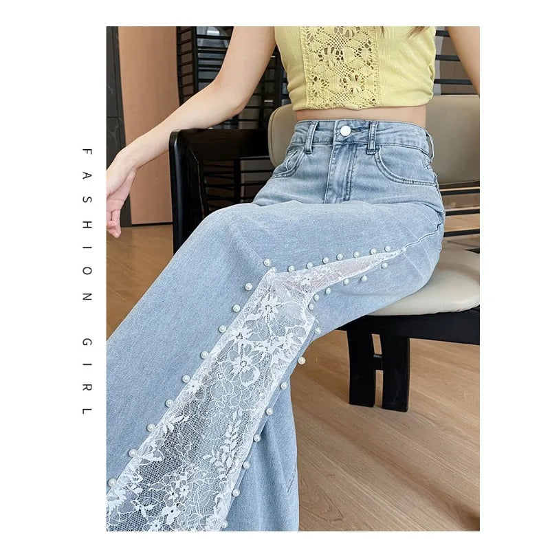 Tennis Lace Pearl Wide Leg Jeans for Women2025New summer thin style fashionable loose hollow straight-leg pants