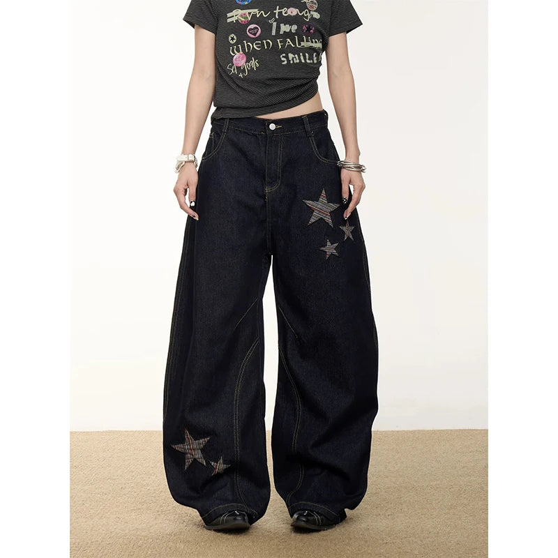 YIBASHU Women Vintage Baggy Black Star Jeans High Waist Denim Trousers 2000s Y2k Harajuku Aesthetic Wide Pants Trashy Clothes