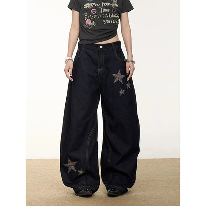 YIBASHU Women Vintage Baggy Black Star Jeans High Waist Denim Trousers 2000s Y2k Harajuku Aesthetic Wide Pants Trashy Clothes