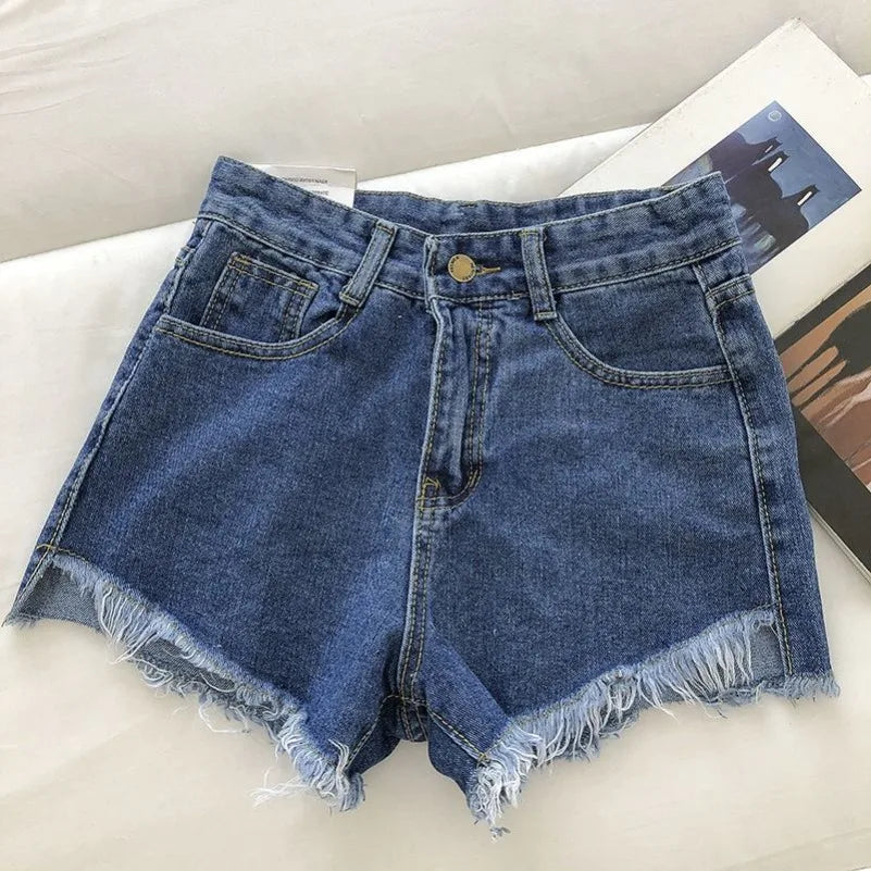 New Summer Women High Wiast Raw Hem Denim Shorts Soild White Black Blue Korean Wide Leg Pants Mon Shorts DURIKIES