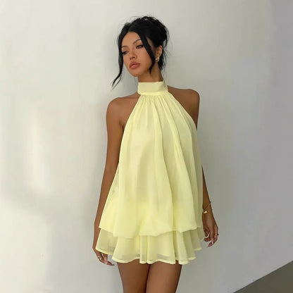 2026 Women's Elegant Halter Neck Sleeveless Ruffled Layered Chiffon Mini Dress Casual Summer Party Dress for Beach Vacation Y2K