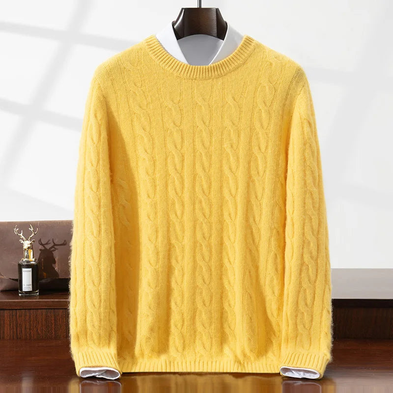 ZOCEPT 100% Natural Cashmere Men's Sweater Autumn Winter Thick Warm O-Neck Casual Pullover Knitted Twisted Flower Sweater Top