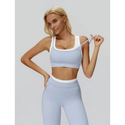 QBGJTD Womens Workout Set Two Pcs U Back Color Block Sports Bra Matching High Waist Leggings Gym Pilates Outfits