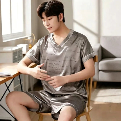 Men Summer New Fashion Print Pajamas Set Plus Size V-Neck Short Sleeve Shorts Men's Sleepwear