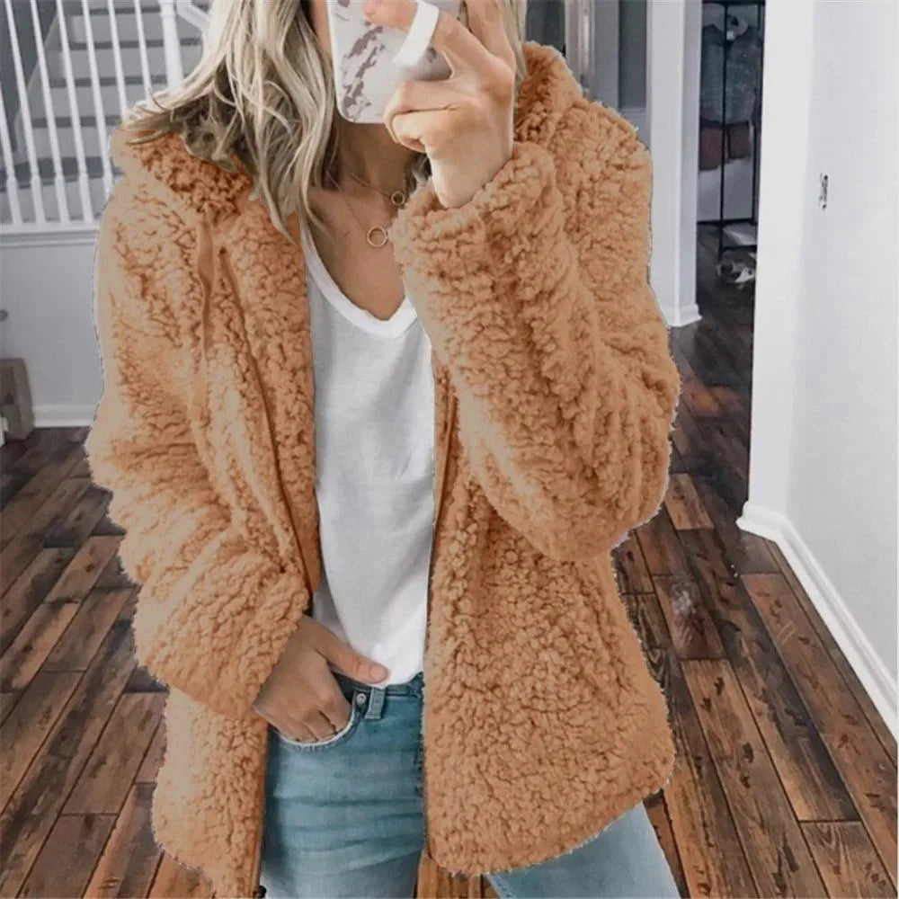 2024 New Women's Hooded Tweed Velvet Autumn and Winter Tops Jacket