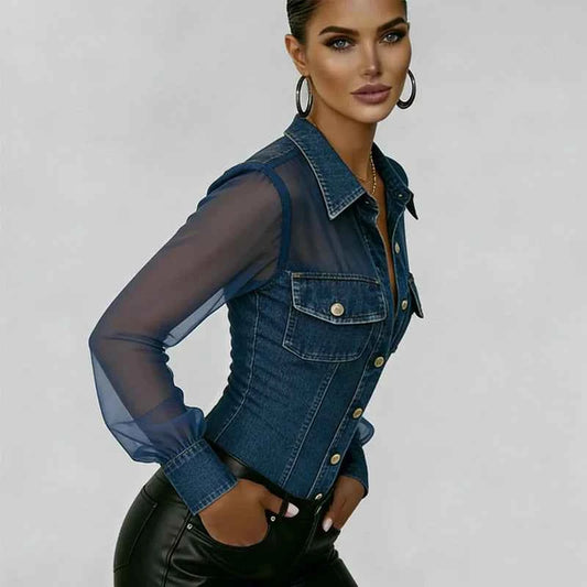 Vintage Chic Denim Sheer Mesh Blouse Women Trend Long Sleeve Button Down Lapel Chest Pockets Fitted Casual Daily Wear Top 2026