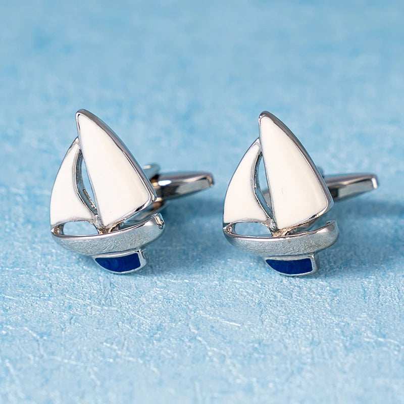 Fashion Sailing Boat Cufflinks Gold Metal Cuff Button White Blue Enamel Jewelry For Men Suit French Shirt Business Groom Gifts