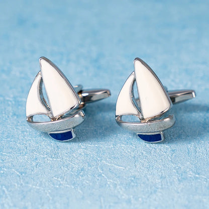 Fashion Sailing Boat Cufflinks Gold Metal Cuff Button White Blue Enamel Jewelry For Men Suit French Shirt Business Groom Gifts