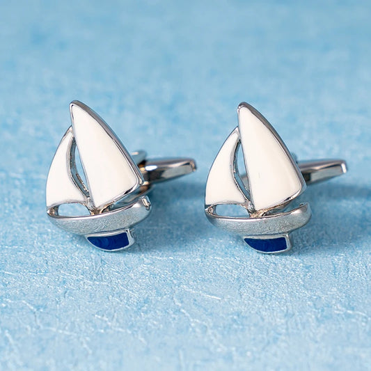 Fashion Sailing Boat Cufflinks Gold Metal Cuff Button White Blue Enamel Jewelry For Men Suit French Shirt Business Groom Gifts