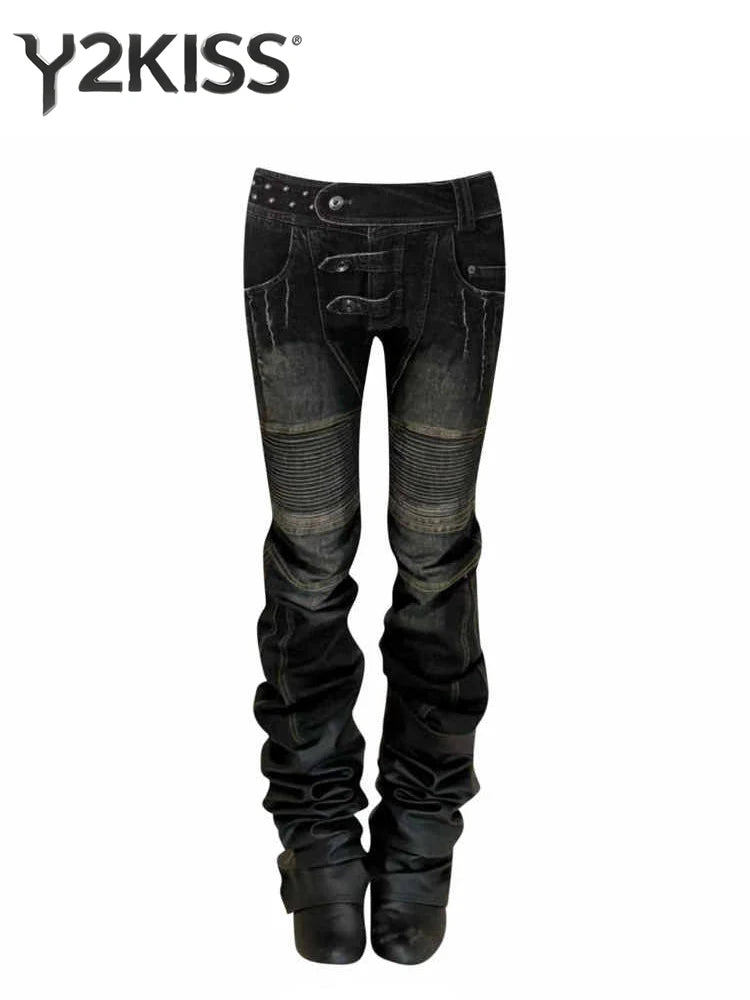 Women's Dark Academia Low Rise Stacked Jeans American Retro Denim Pants Y2k Abi Designer Skinny Jeans Harajuku Japanese Goblin