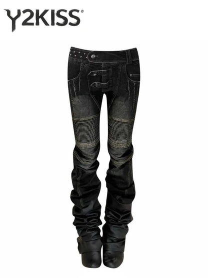Women's Dark Academia Low Rise Stacked Jeans American Retro Denim Pants Y2k Abi Designer Skinny Jeans Harajuku Japanese Goblin