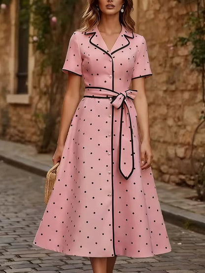 Vintage French Style Polka Dot V Neck Summer Dress Slim Waist Tie Belt Midi A-Line Flared Casual Outfit