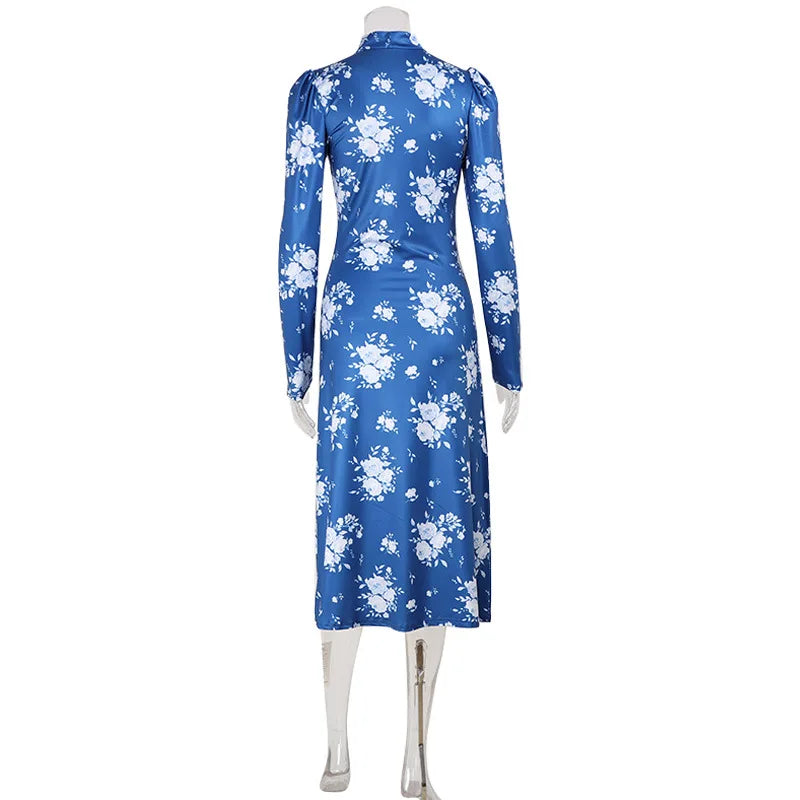 Printes Dresses For Women Fashion Sexy Streetwear Regular V-Neck Full Sleeves Bodycone Mid Vestidos Robes Female Casual Slim Fit