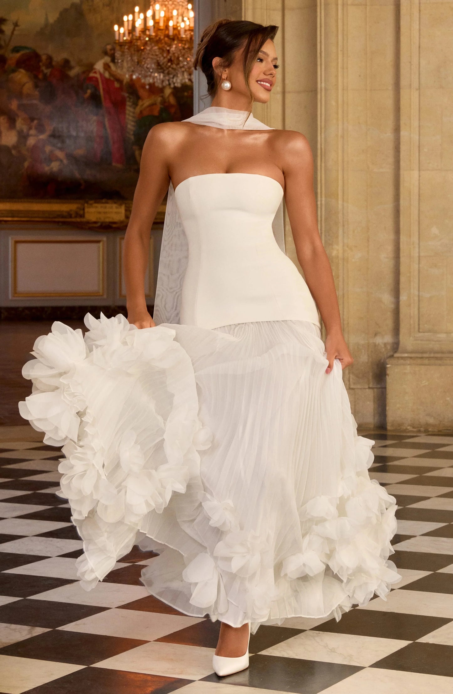 Women's Formal Evening Gowns Summer White Strapless Long Sash Back Handmade 3D Floral Sheer Long Gala Ceremony Dress