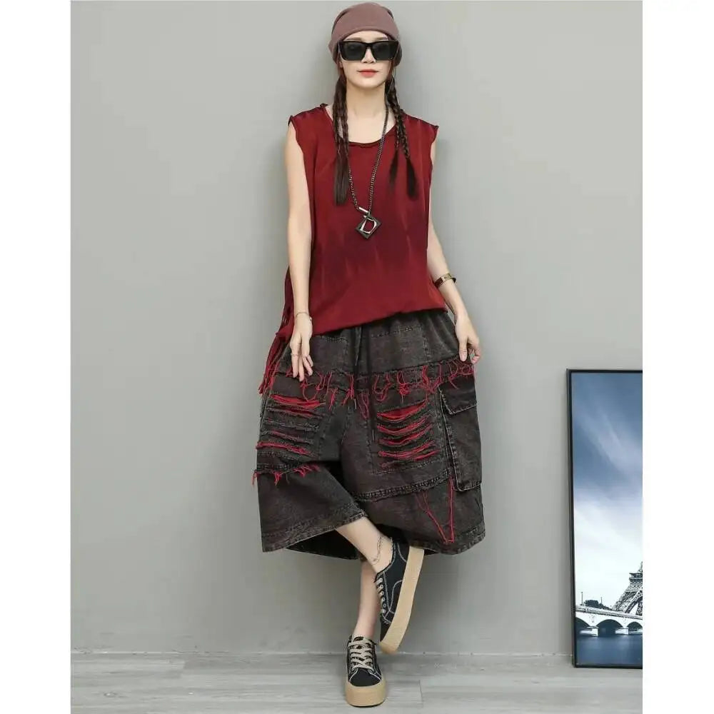 Unique Fashion Denim Jeans Women Distressed Mid-Length Loose Ripped Wide-Leg Cropped Pants LX5800