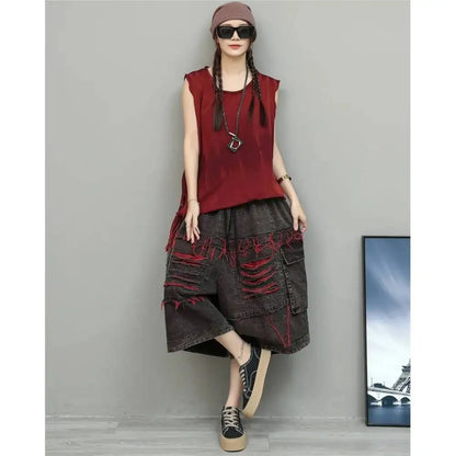 Unique Fashion Denim Jeans Women Distressed Mid-Length Loose Ripped Wide-Leg Cropped Pants LX5800
