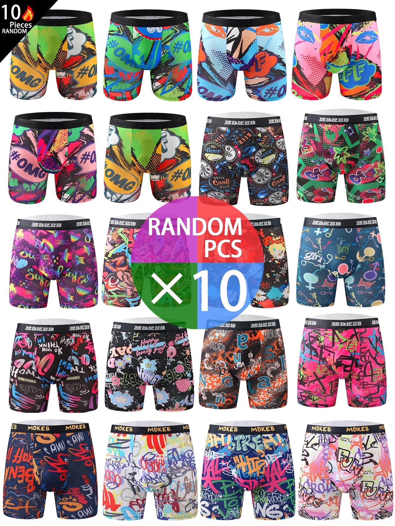 Ten-piece mixed men's graffiti pattern long boxer briefs, breathable and comfortable high-elasticity long boxer briefs, boxing