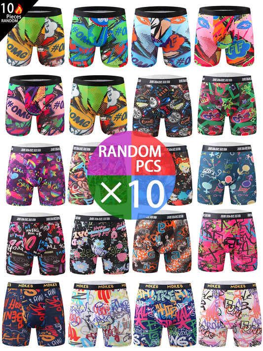 Ten-piece mixed men's graffiti pattern long boxer briefs, breathable and comfortable high-elasticity long boxer briefs, boxing