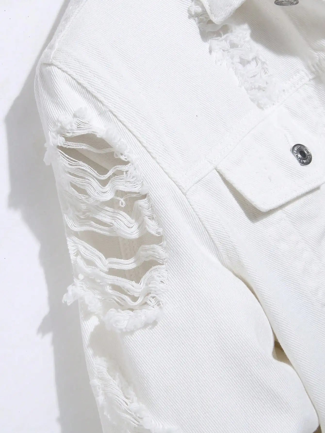 Men's denim jacket for spring and autumn. White denim ripped jacket. Street trend fashion. Daily casual.