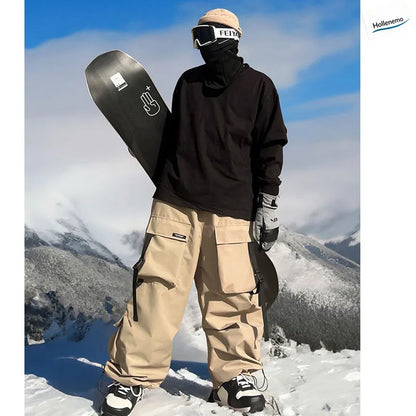 Men Women Winter Ski Snowboard Pants Cargo Multi‑Pocket Waterproof Windproof Drawstring Waist Adjustable Cuff Purple SnowTrouser