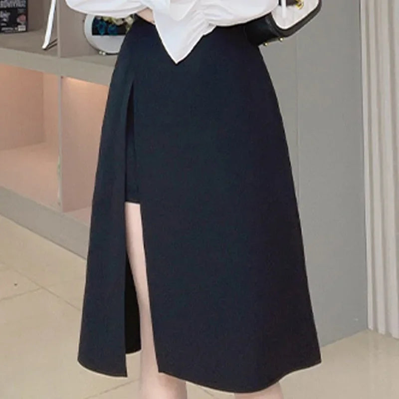 Black Irregular Slit Skirt for Women Summer Mid-length A-line 2023 New High Waist Hip Skirt Harajuku Vintage Women Clothing