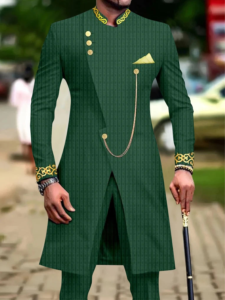 Men's casual two-piece suit set with long sleeves, mid-length jacket and trousers.