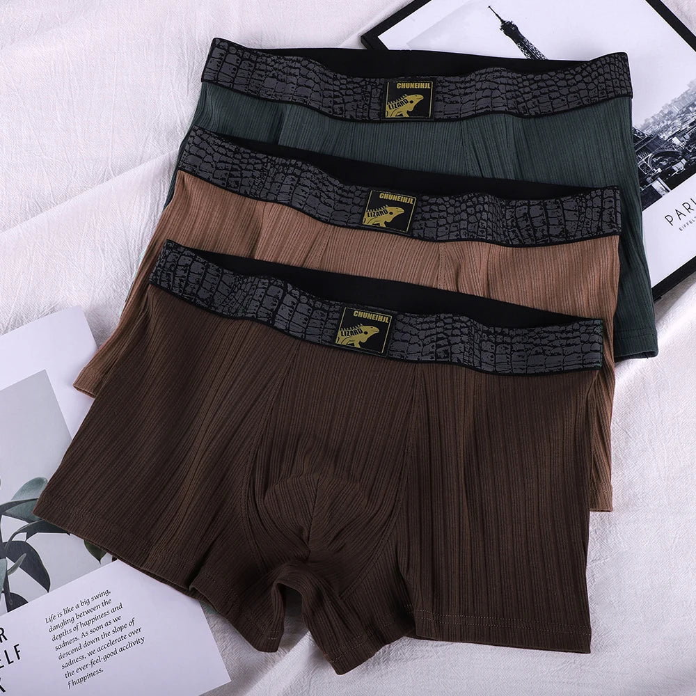 3PCS/Pack Luxury Solid Striped 95% Cotton Knit Underwear Arrival for Man Breathable Mesh Crotch Boxers Super Soft