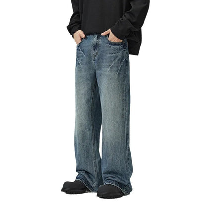 QICHE Men Lightning Crack Wash Flare Jeans American Vintage Loose Trendy Designer Denim Trousers