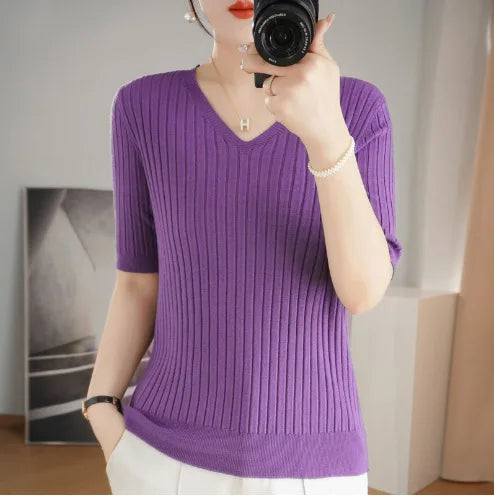 Women's Sweater Spring Summer Short Sleeve V-neck Knit Shirt Casual Pullovers Stripe Bottoming Shirt Slim Fit Jumpers