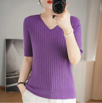 Women's Sweater Spring Summer Short Sleeve V-neck Knit Shirt Casual Pullovers Stripe Bottoming Shirt Slim Fit Jumpers