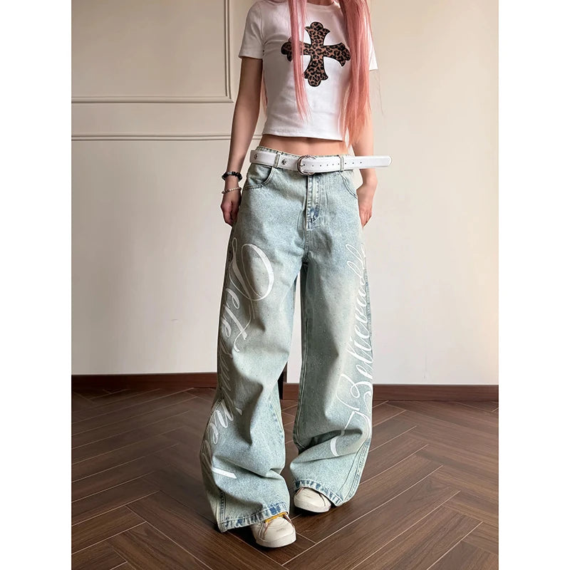 YIBASHU Women Vintage Blue Y2k Baggy Jeans Harajuku Letter Print Denim Trousers Streetwear Japanese 2000s Oversize Jeans Pants