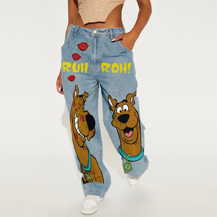 Y2k American Retro Fashion Women High Waist Cartoon Printed Jeans High Street Design Slim Casual Straight Wide-Leg Jeans