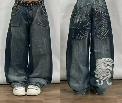 Street Fashion Trend Skull Embroidered Jeans Women Straight Wide-leg Pants Couple Casual Jeans