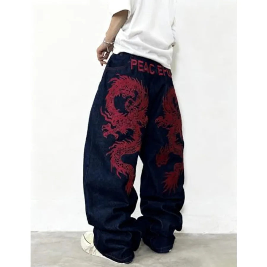 Mens Baggy Jeans Embroidery Pattern Denim Trousers Wide Leg Denim Pant Loose Fit Skater Jeans Streetwear Clothing