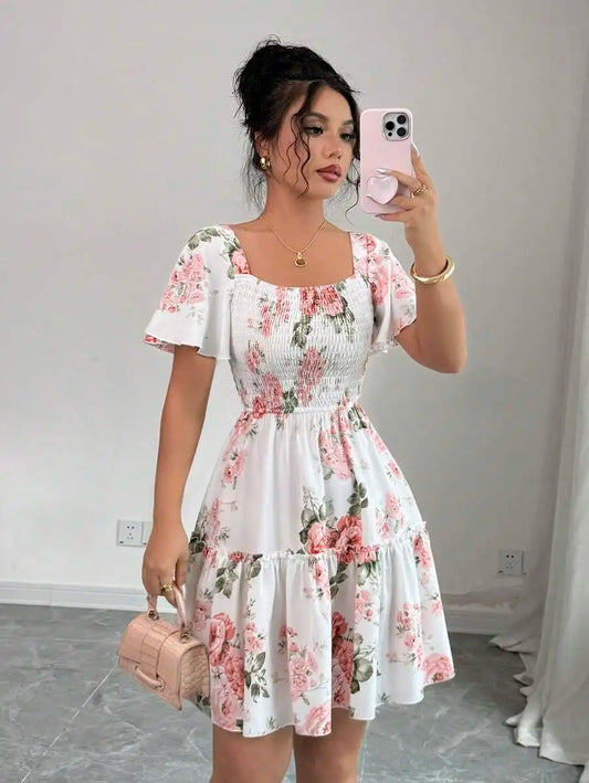 Women Floral Print Sashes Ruffle Hem Short Sleeve Casual Dress, Vacation Style Women's Evening Dresses